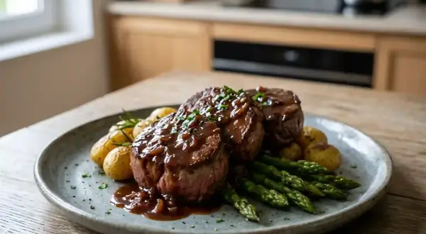 Trois tournedos nappés de sauce madère, accompagnés de pommes de terre grenaille et d'asperges vertes. Un plat savoureux dont la sauce madère origine fait le délice des gourmets.