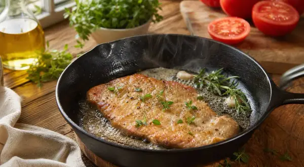 Escalope de veau dorée dans une poêle en fonte, avec de l'ail et des herbes. La cuisson est presque terminée.