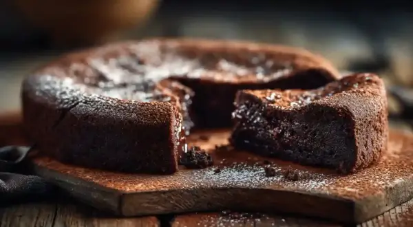 Un délicieux moelleux au chocolat, saupoudré de sucre glace, est servi sur une planche en bois rustique.