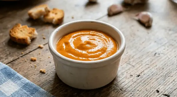 Un bol de rouille, recette traditionnelle, avec des croûtons et de l'ail sur une table en bois.