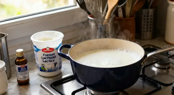 Préparation pour faire son fromage de chèvre : lait chauffant dans une casserole bleue, avec un pot de ferment lactique et une petite bouteille à côté.