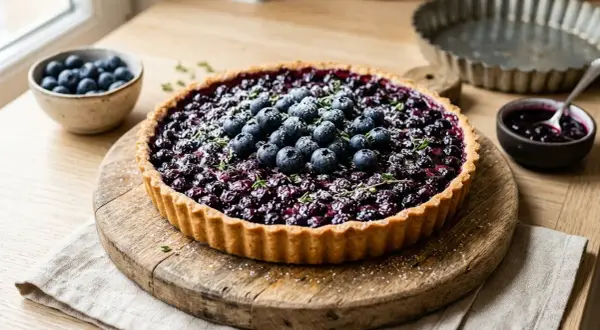 Une délicieuse tarte aux myrtilles, garnie de fruits frais et de thym, prête à être dégustée.