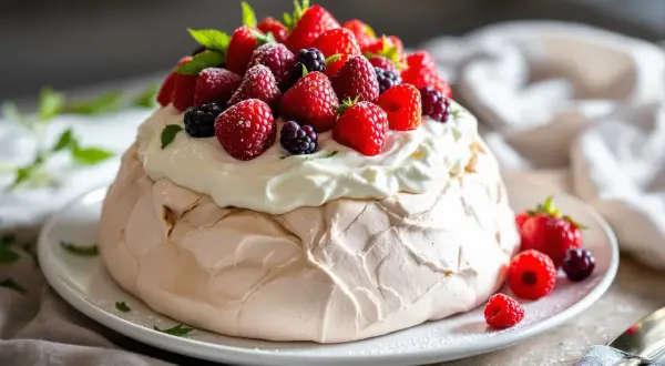 Pavlova aérienne garnie de crème fouettée et de fruits rouges frais. Une délicieuse recette pavlova pour un dessert léger et fruité.
