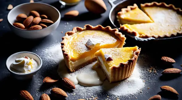 Délicieuse tartelette à la pâte sablée amandes, garnie d'une crème citronnée et saupoudrée de sucre glace. Des amandes entières et une touche de crème complètent cette gourmandise.