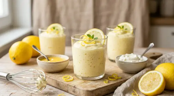 Trois verres de mousse au citron aérienne, décorés de rondelles de citron et de menthe. Des citrons frais, un fouet et des ramequins de crème et de curd complètent cette scène gourmande.