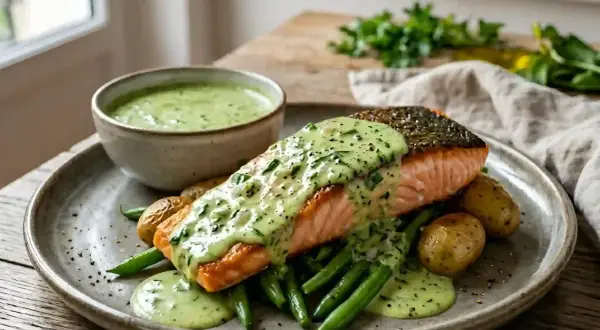 Filet de saumon croustillant nappé d'une sauce à l'oseille crémeuse, servi avec des haricots verts et des pommes de terre grenaille.