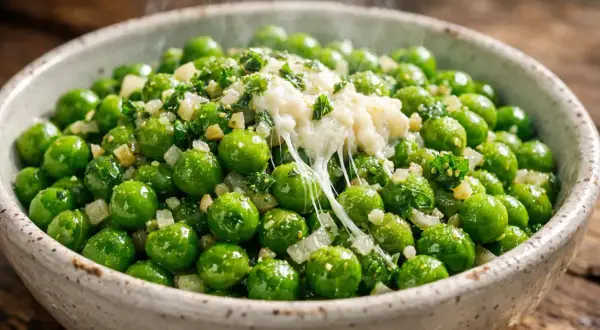 Un bol de pois mange tout chauds, garnis de fromage fondant et d'herbes fraîches. Une recette simple et savoureuse.