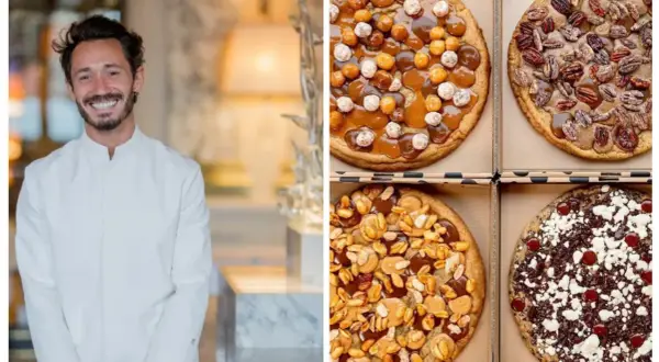 Le chef Cédric Grolet sourit à côté de ses délicieux cookies aux noisettes, caramel, cacahuètes et chocolat.