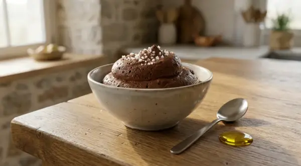 Une généreuse portion de mousse au chocolat, saupoudrée de gros sel, attend dans un bol en céramique sur une table en bois. Une cuillère et une goutte d'huile dorée sont à côté.