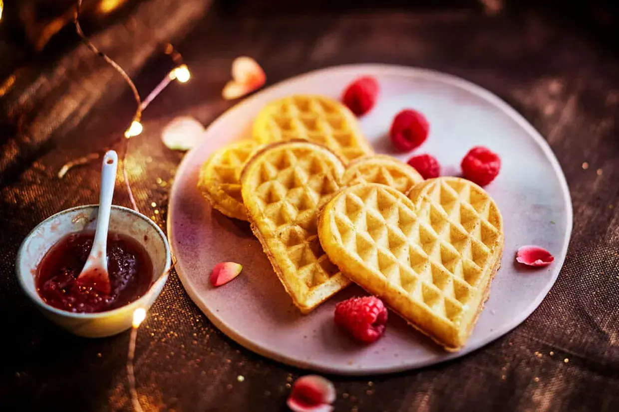 Gaufres en forme de cœur, parfaites pour une recette gaufre moelleuse, servies avec de la confiture de framboise et des fruits rouges.