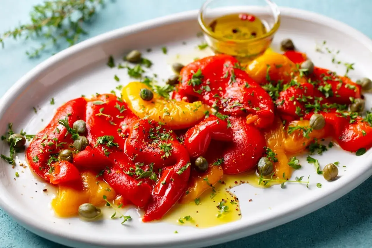 Poivrons marinés rouges et jaunes, arrosés d'huile d'olive et parsemés de câpres et de persil frais. Un délice coloré.