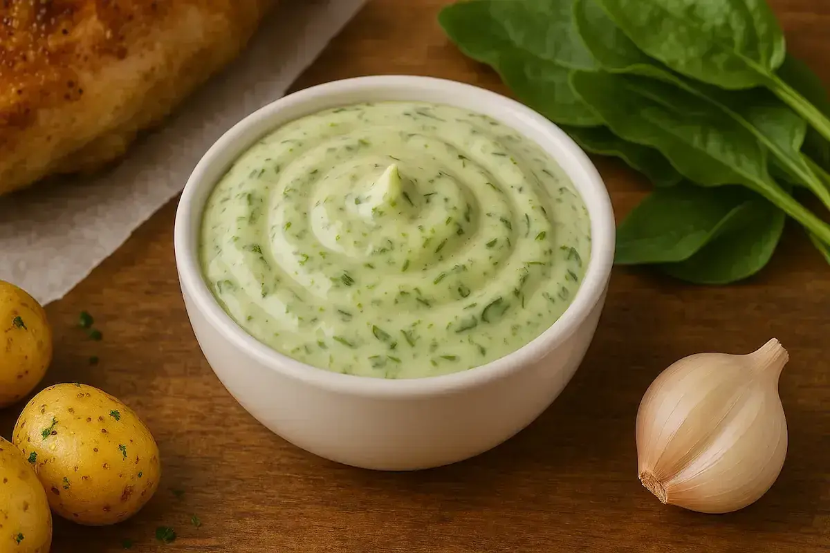 Sauce oseille grand chef, crémeuse et parsemée d'herbes fraîches, prête à accompagner un plat savoureux.