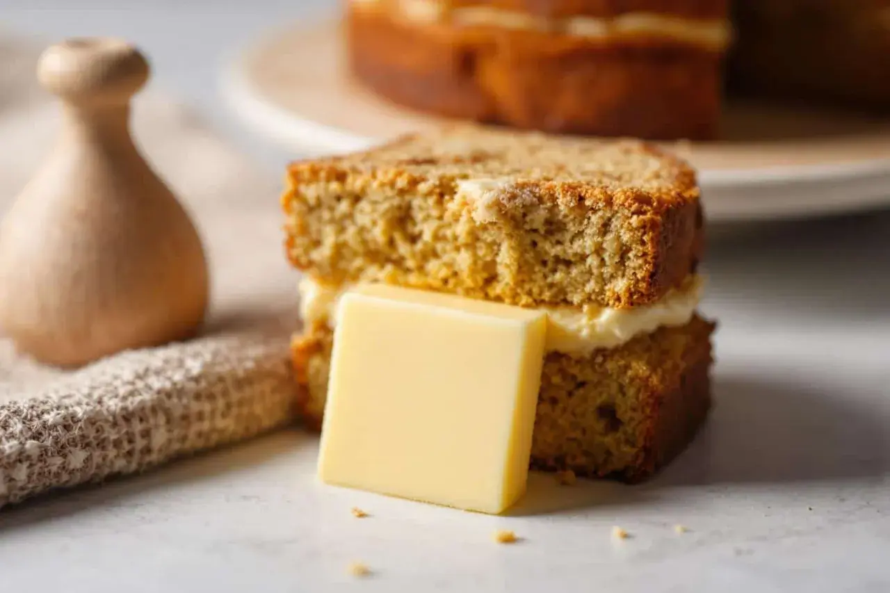 Un délicieux gâteau au café, garni de crème et d'une tranche de beurre, prêt à être dégusté.