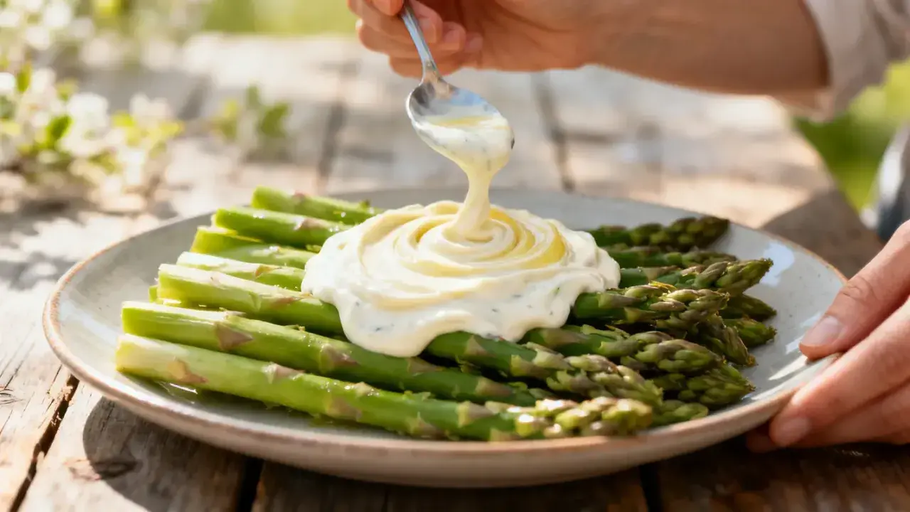 Des asperges vertes fraîches sont nappées d'une onctueuse sauce crémeuse. Un délice printanier !