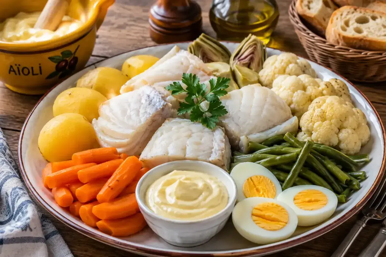 Plat de poisson blanc, pommes de terre, carottes, haricots verts, chou-fleur, artichauts et œufs durs, servi avec une sauce aïoli gastronomique.