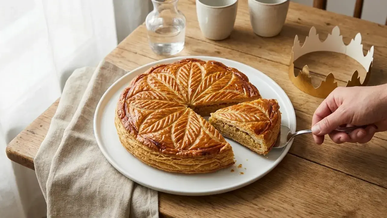 Une galette des rois pâtissier dorée, décorée de feuilles, est servie. Une part est prélevée, une couronne dorée est à côté.