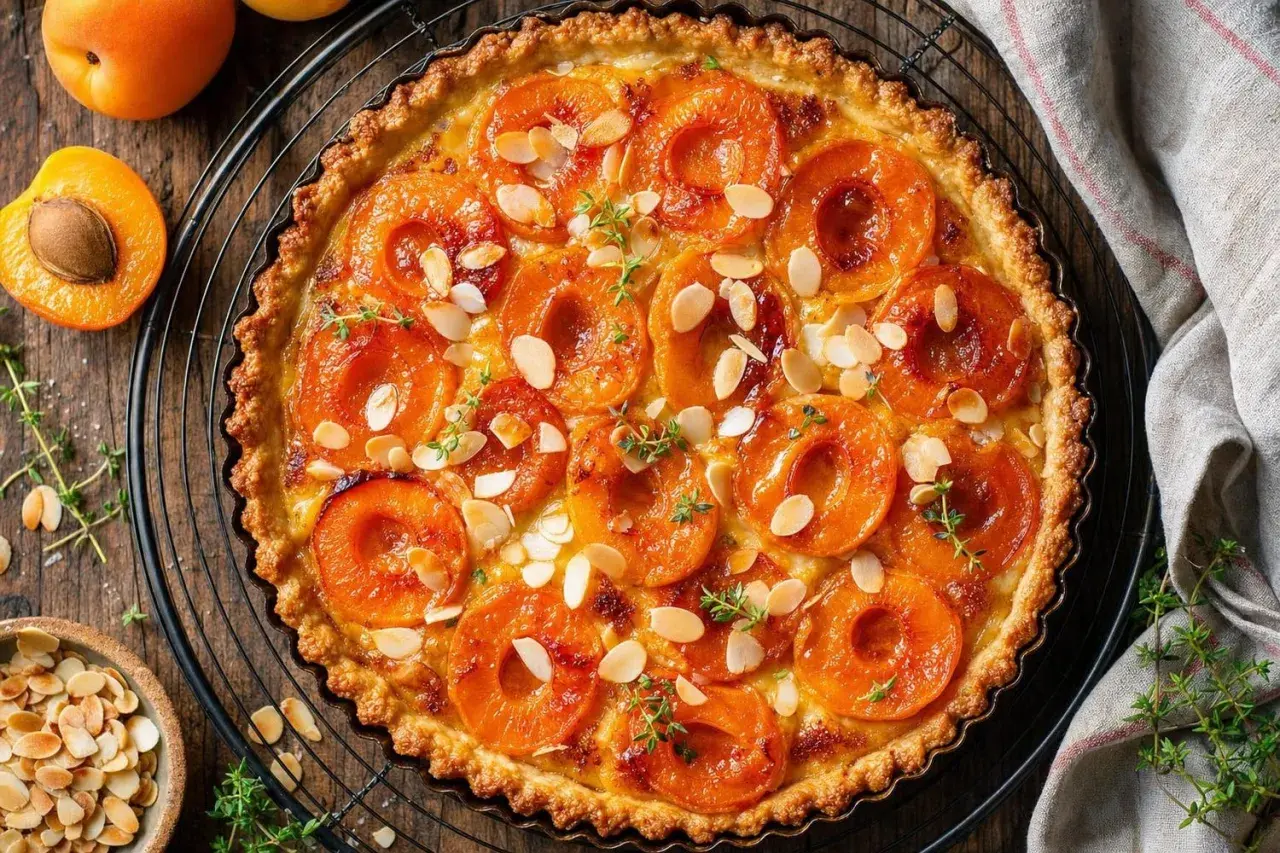 Une délicieuse tarte aux abricots classique, garnie d'amandes effilées et de thym frais, prête à être dégustée.