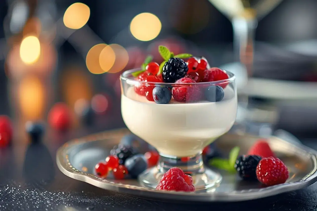 Délicieuse panna cotta framboise, garnie de fruits rouges frais et servie sur un plateau argenté, avec des lumières douces en arrière-plan.