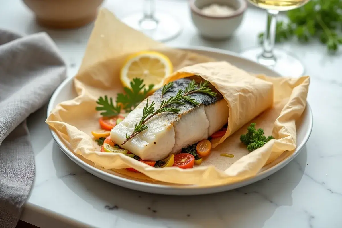 Un délicieux cabillaud en papillote, garni de romarin, servi sur un lit de légumes colorés et d'une tranche de citron.