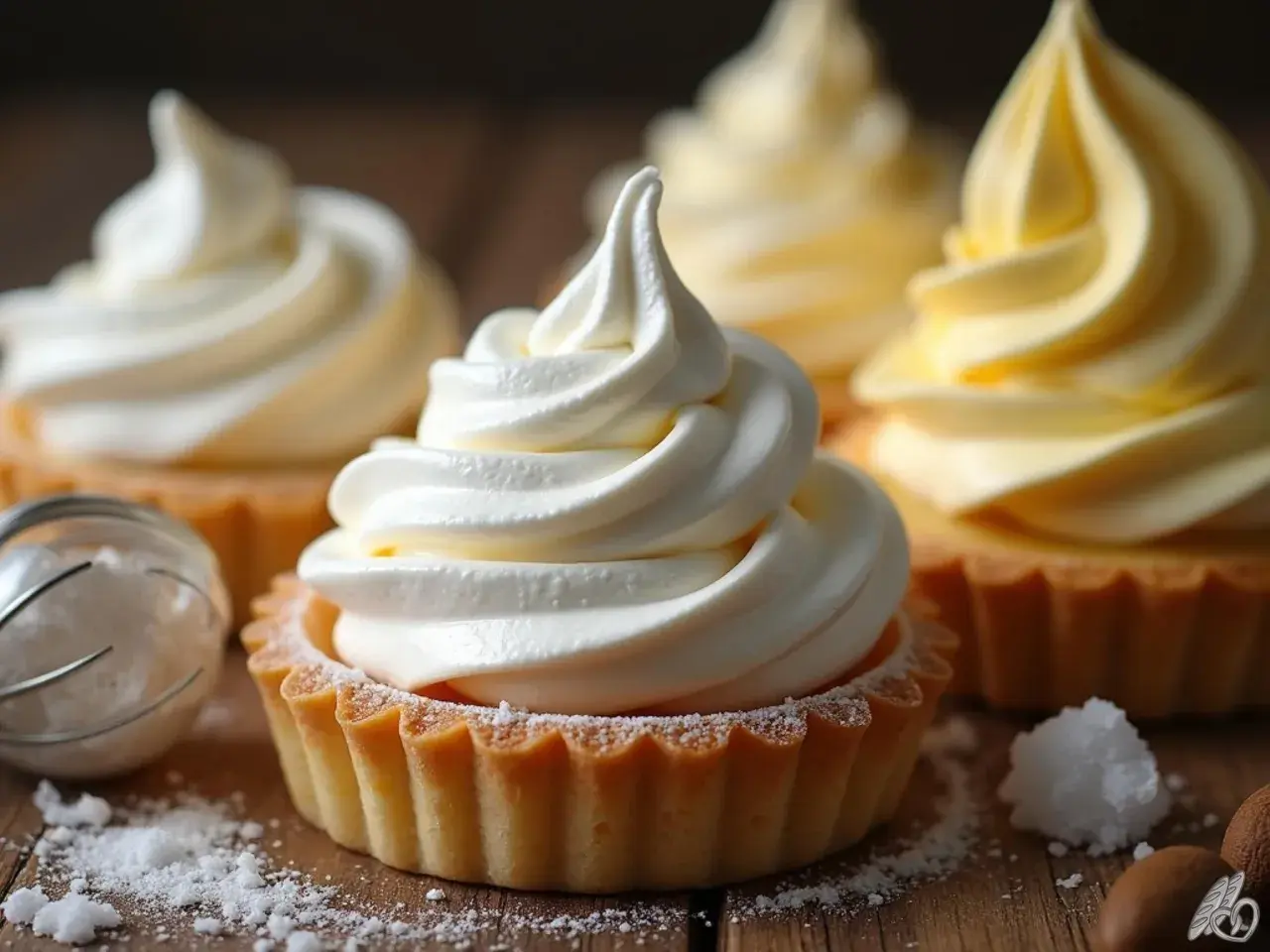 Douceurs crémeuses, des tartelettes garnies d'une chantilly aérienne, comme du blanc en neige, saupoudrées de sucre glace.
