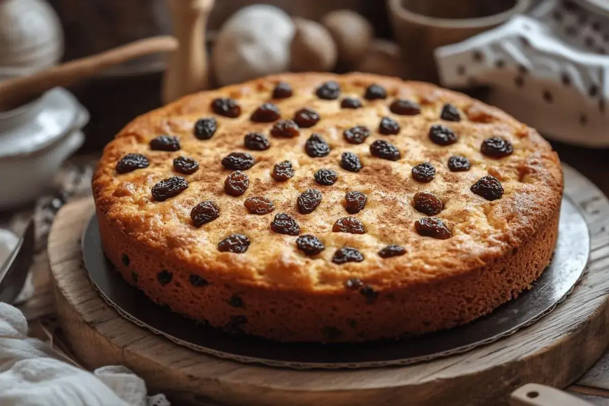 Gâteau aux raisins secs, doré et parsemé de cannelle, prêt à être dégusté.