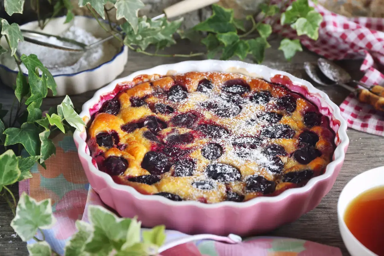 Un délicieux clafoutis aux prunes, saupoudré de sucre glace, prêt à être dégusté avec une tasse de thé.