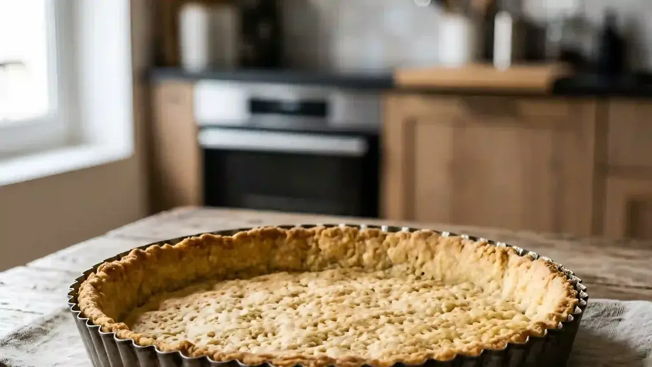 Pâte sablée traditionnelle dorée dans son moule, prête pour une garniture gourmande. Une base parfaite pour toutes vos tartes.