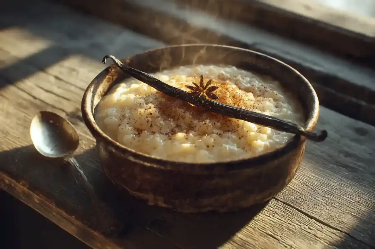 Un bol fumant de riz au lait crémeux, garni d'une gousse de vanille et d'une pincée de cannelle, sur une table en bois rustique.