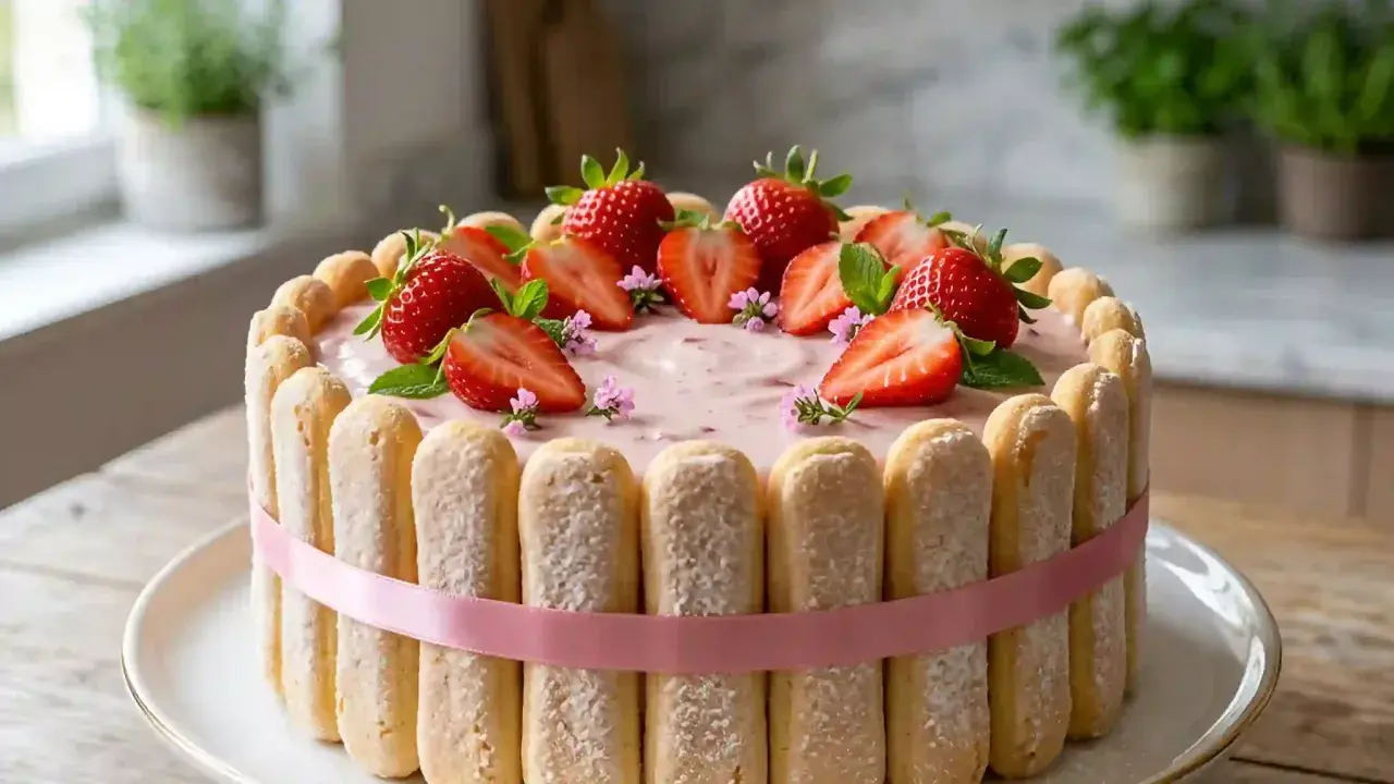 Charlotte aux fraises inratable, décorée de fruits rouges frais et de biscuits à la cuillère, le tout ceinturé d'un ruban rose.
