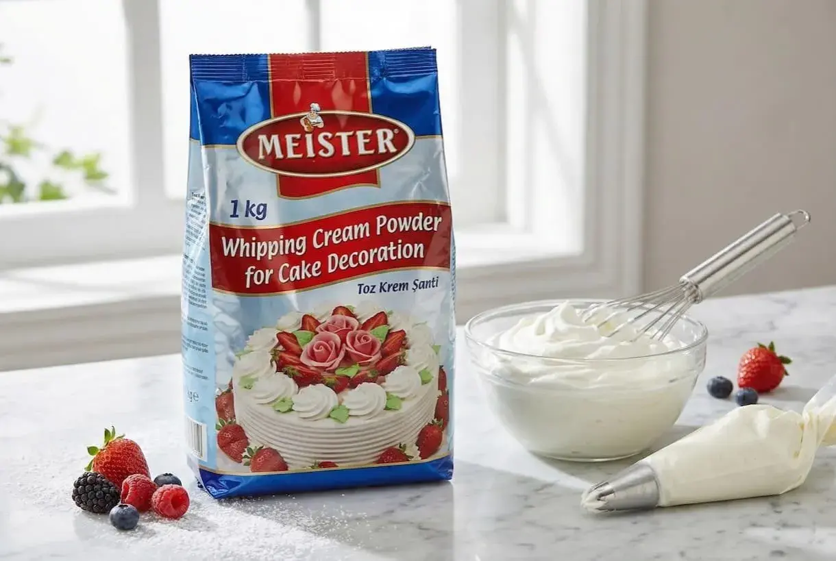 Un paquet de poudre pour crème fouettée Meister, prêt à être transformé en délicieuse crème montée vanille pour décorer des gâteaux. Des fruits frais et une poche à douille complètent la scène.