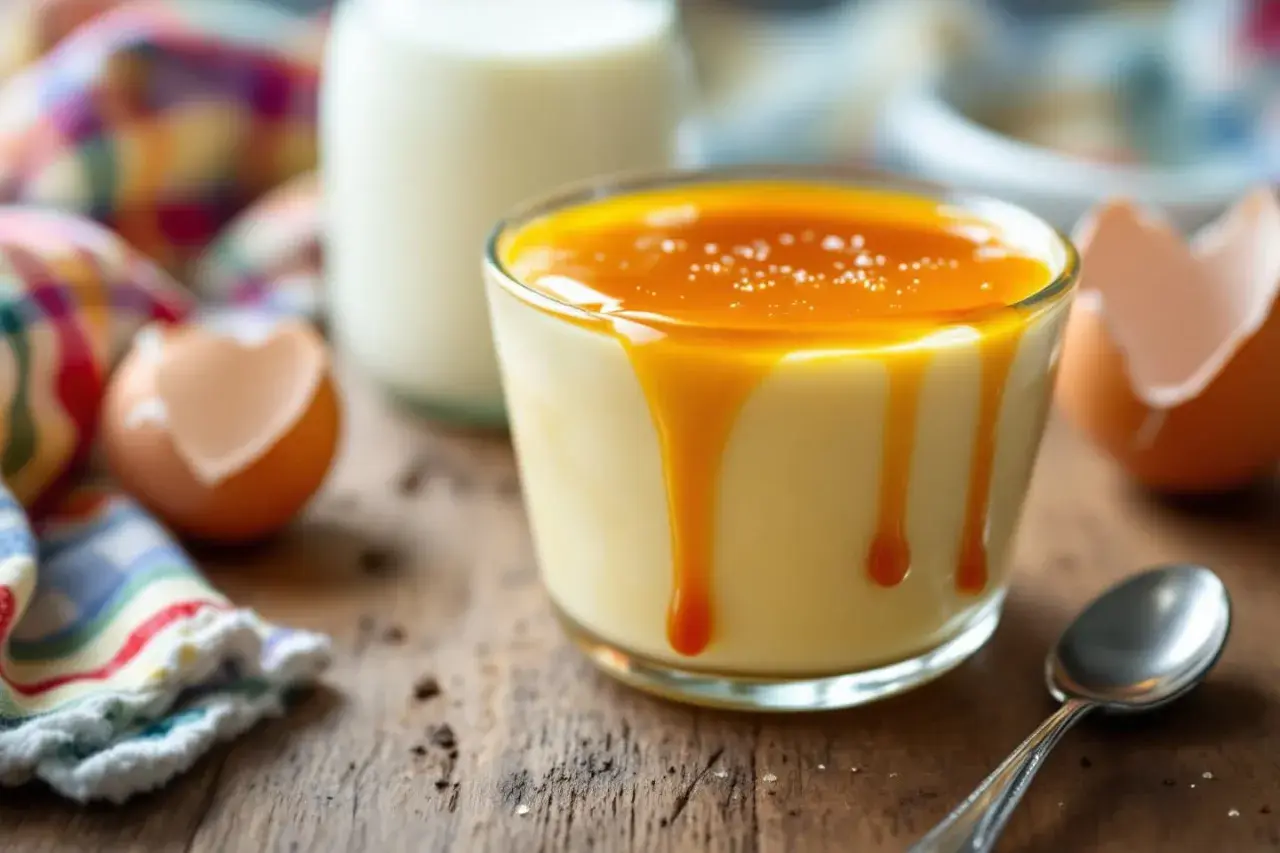 Un déliceux dessert aux oeufs au lait, nappé de caramel coulant, avec une coquille d'œuf vide et une cuillère à proximité.