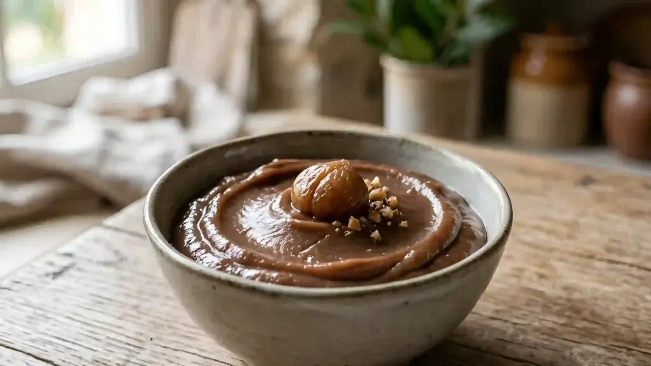 Crème de marron à l'ancienne on a rustic table, topped with a whole chestnut and chopped nuts. A taste of tradition.