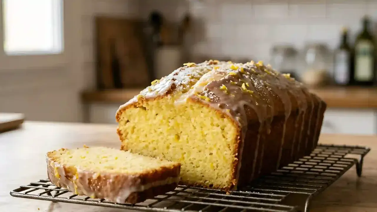 Un délicieux cake au citron, glacé et parsemé de zestes, attend d'être dégusté sur une grille.