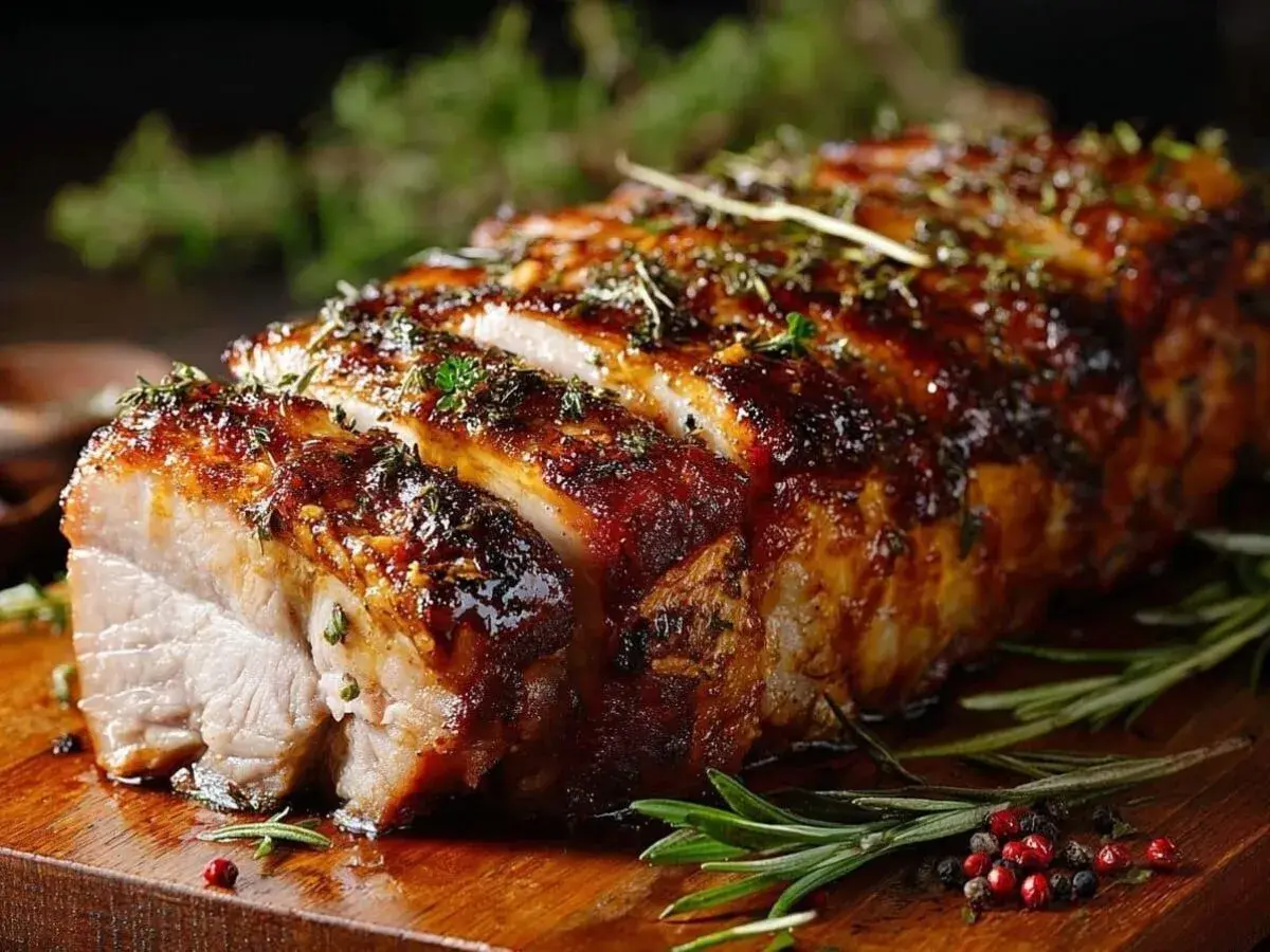 Un délicieux roti de porc au four, laqué et parsemé d'herbes, prêt à être dégusté sur une planche en bois.