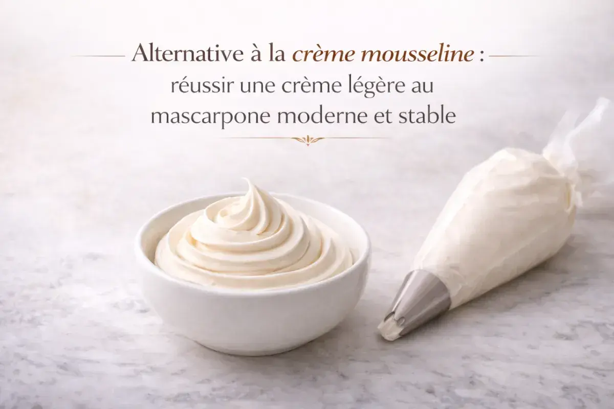 Crème légère au mascarpone, alternative à la crème mousseline sans beurre. Une texture aérienne prête à être utilisée.