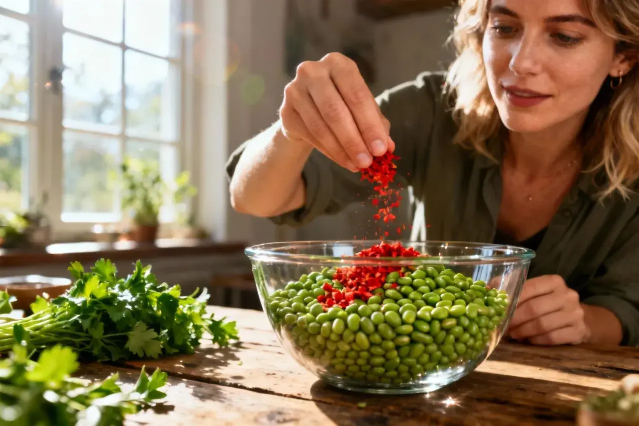 Une femme ajoute des piments rouges à un bol de haricots mungo, préparant un plat savoureux. Le haricot mungo cuisson est simple et rapide.