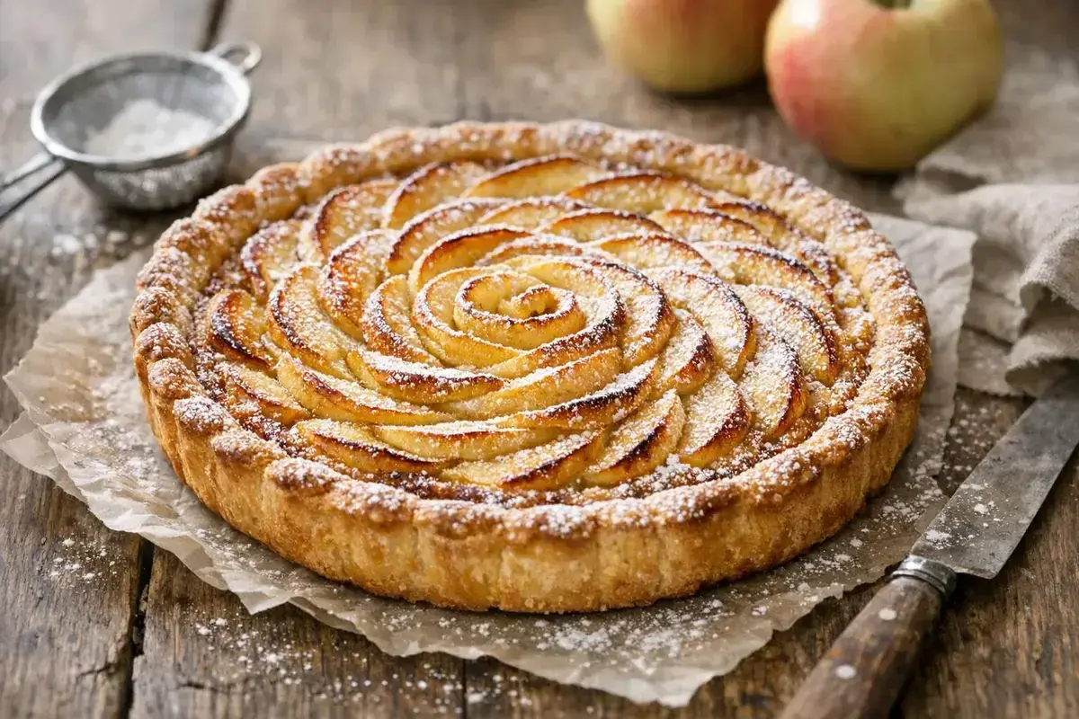 Une magnifique tarte normande aux pommes, saupoudrée de sucre glace, prête à être dégustée.