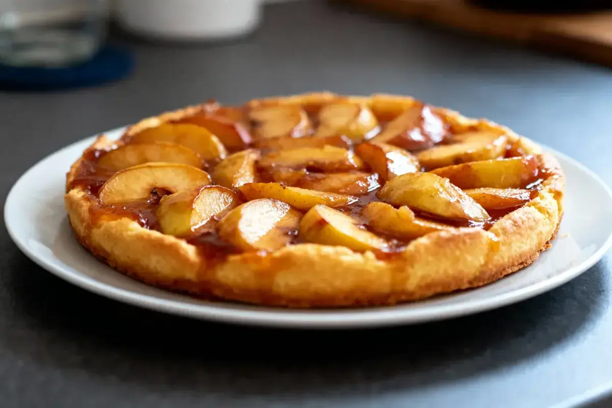 Tarte Tatin aux pommes, dorée et caramélisée, prête à être dégustée après sa cuisson parfaite.