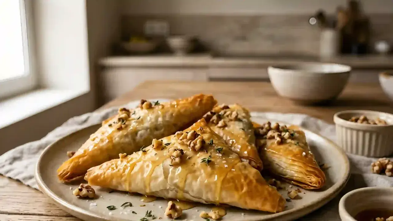 Triangles dorés de pâte filo, nappés de miel et parsemés de noix et d'herbes, prêts à être dégustés.