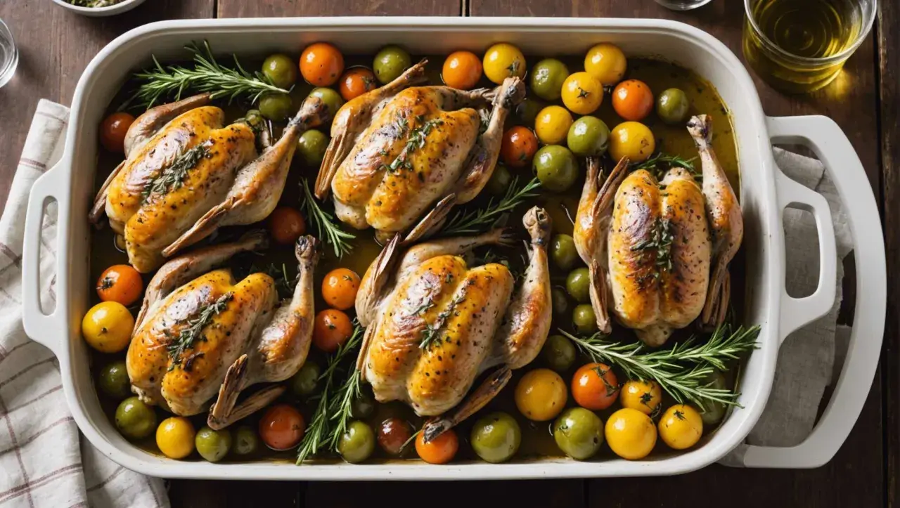 Cinq coquelets au four dorés, parsemés d'herbes, entourés de tomates cerises et d'olives vertes dans un plat blanc.