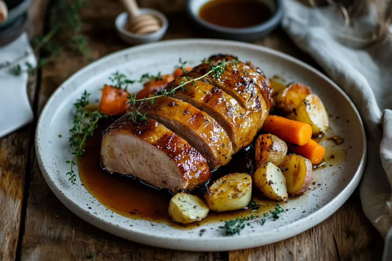Un délicieux rôti de porc au miel au four, tranché et servi avec des carottes et des pommes de terre rôties, arrosé de sa sauce.