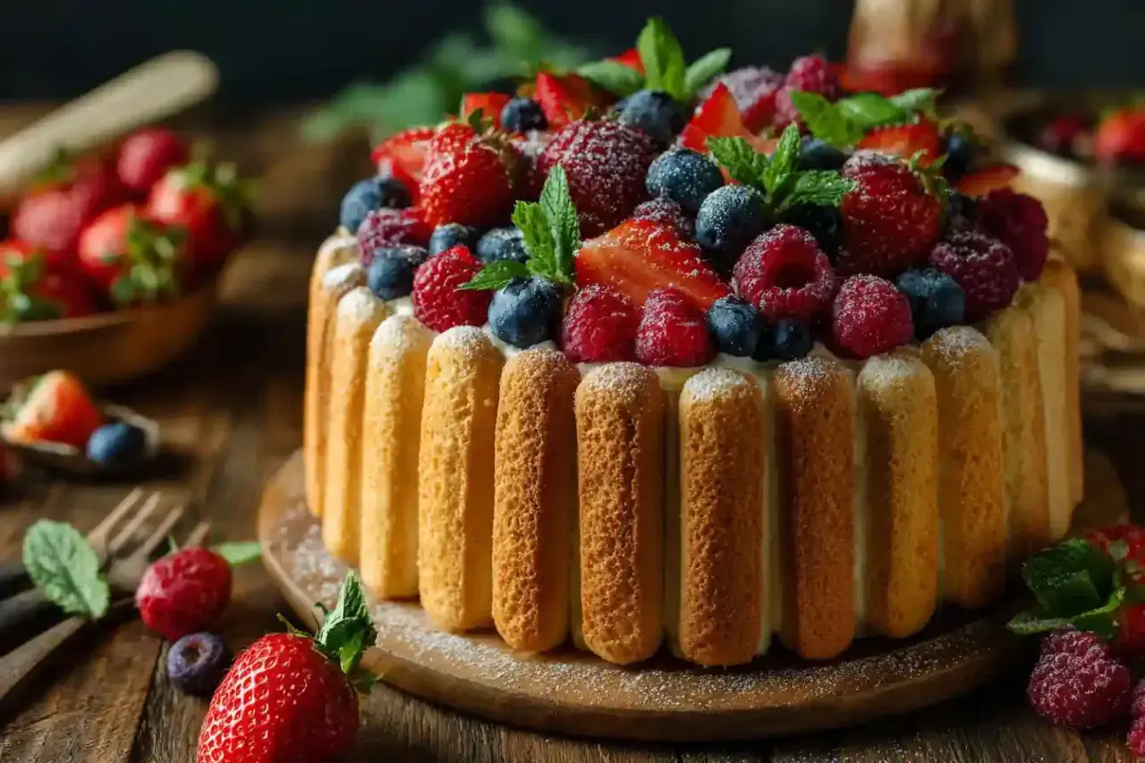 Charlotte aux fruits, un gâteau d'été orné de fraises, framboises et myrtilles, sur un lit de biscuits à la cuillère.