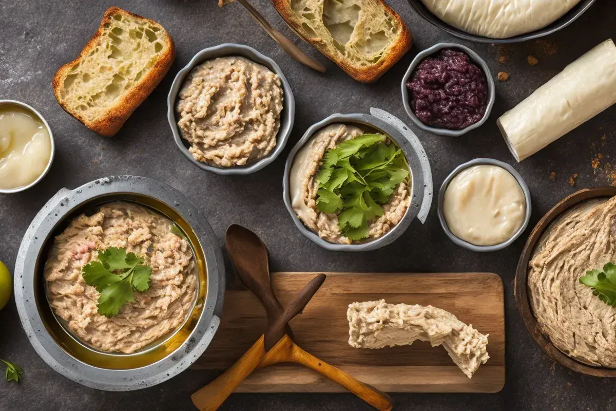 Plusieurs bols de pâté de thon rapide, du pain grillé, des olives et des garnitures.