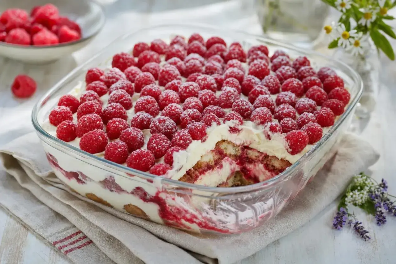 Un délicieux tiramisu framboise, généreusement garni de fruits rouges frais et saupoudré de sucre glace.