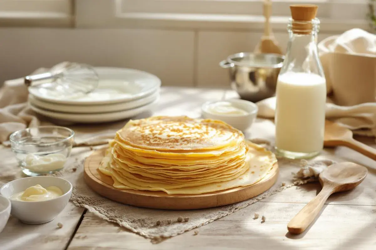 Pile de crêpes dorées, prêtes pour une recette pâte à crêpe salée. Lait, crème et ustensiles à proximité.