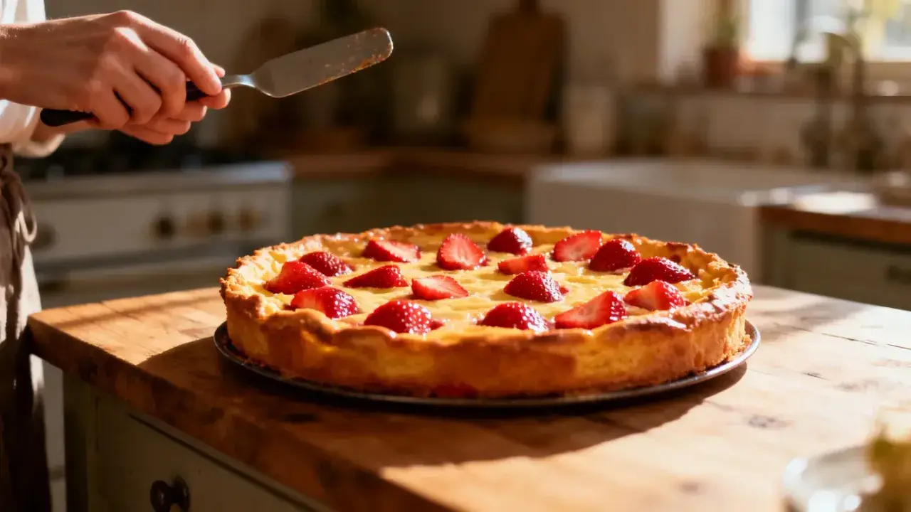 Un délicieux clafoutis aux fraises, prêt à être servi. Les fruits rouges brillent sur la pâte dorée.