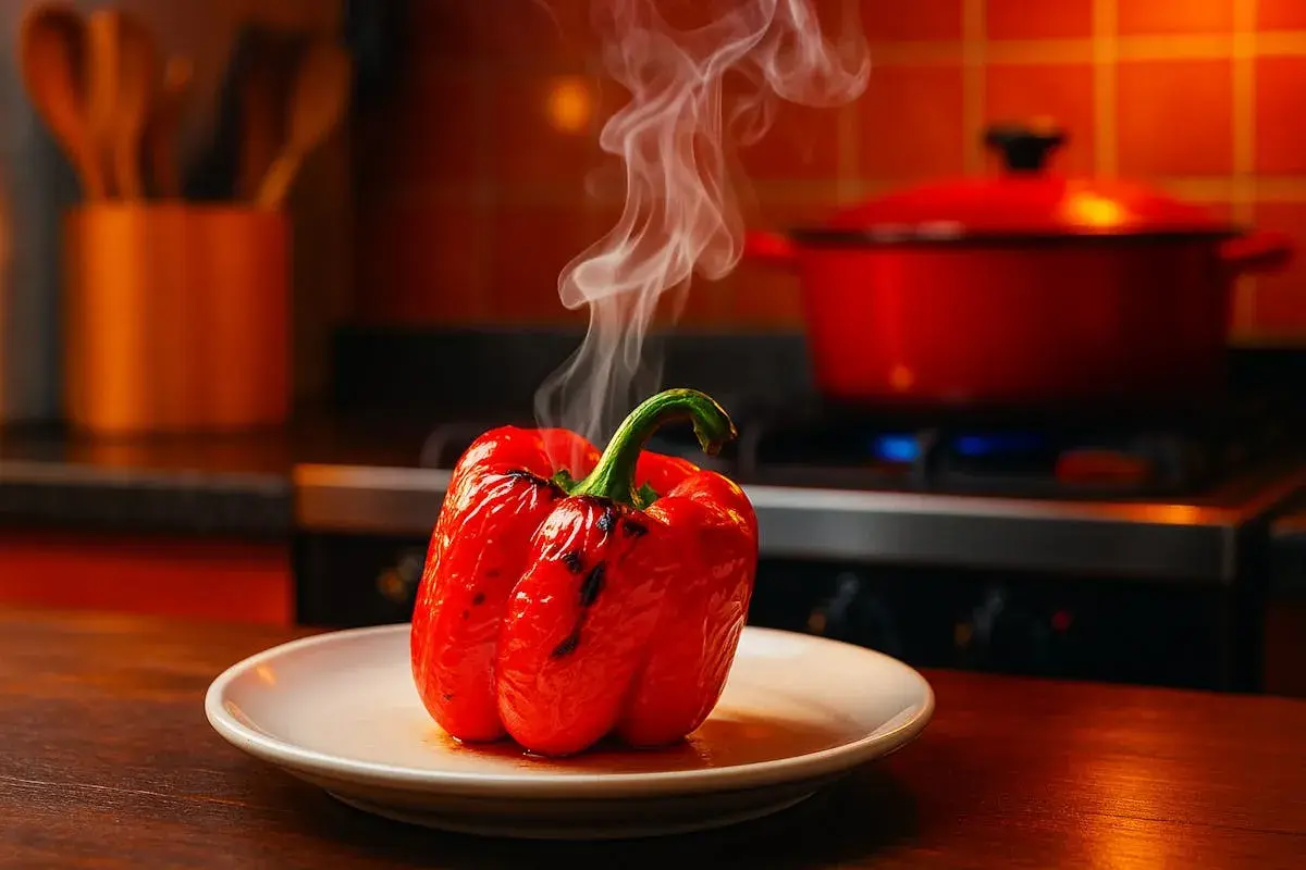 Un poivron rouge grillé, encore chaud et fumant, sur une assiette blanche. La cuisson au four a révélé sa saveur.