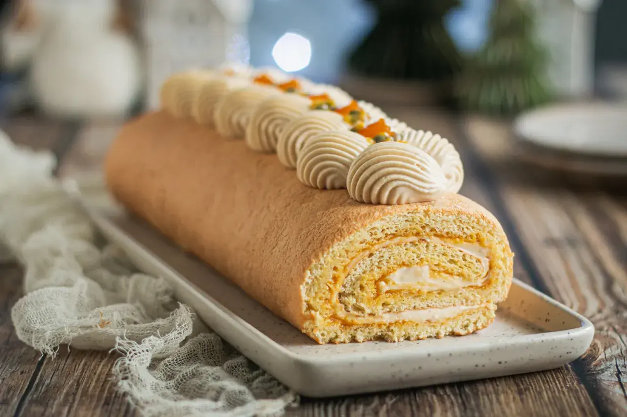 Bûche roulée décorée de crème et fruits exotiques, parfaite pour une recette buche mangue passion.