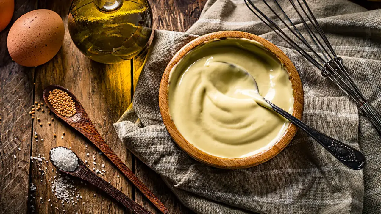 Un bol de mayonnaise maison crémeuse, avec des ingrédients frais : œuf, huile, moutarde et sel. Un fouet à portée de main.