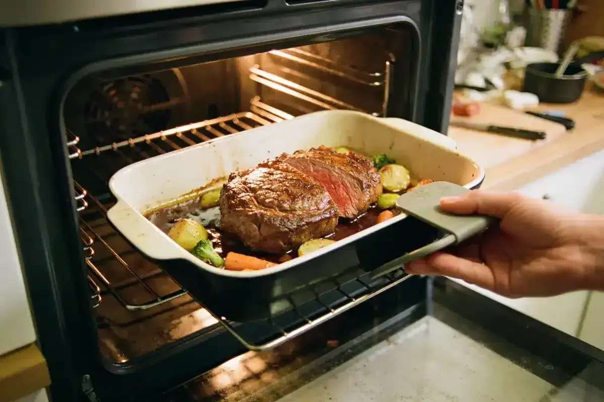 Un rosbeef juteux avec des légumes rôtis sort du four. Le temps de cuisson au four est presque terminé, prêt à être dégusté.